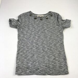 LOFT Womens Cotton Knit Top Gray Studded Beaded Short Sleeve Shirt Blouse XS